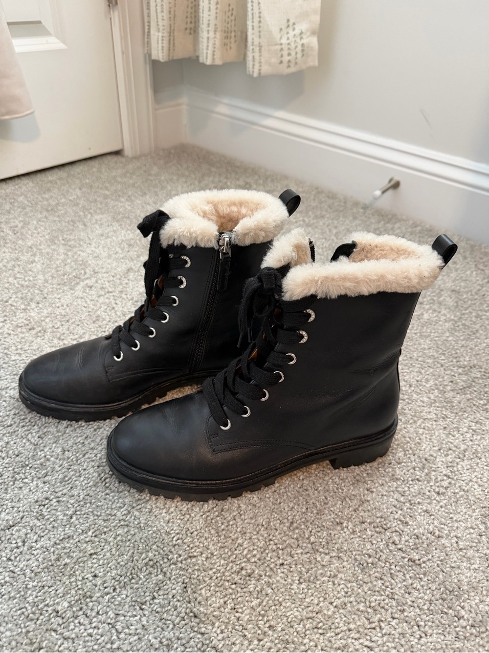 kate spade Black Lace-Up Combat Boots with Cream Faux-Fur Cuff
